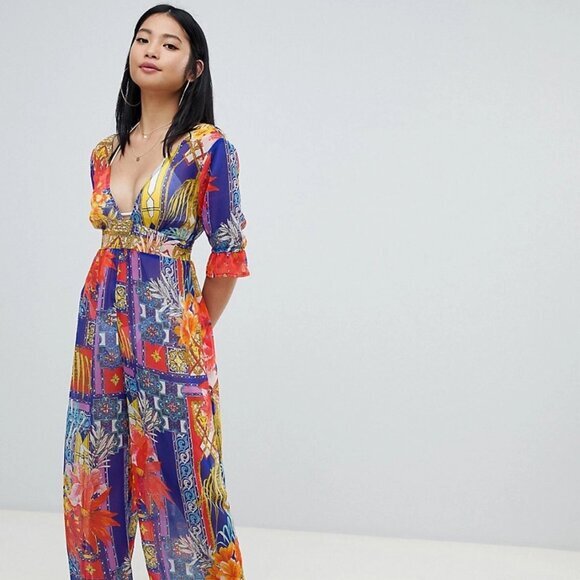 ASOS Swim Women’s Colorful Petite Chiffon Plunge Smocked Beach Jumpsuit Size 4 - Picture 1 of 15
